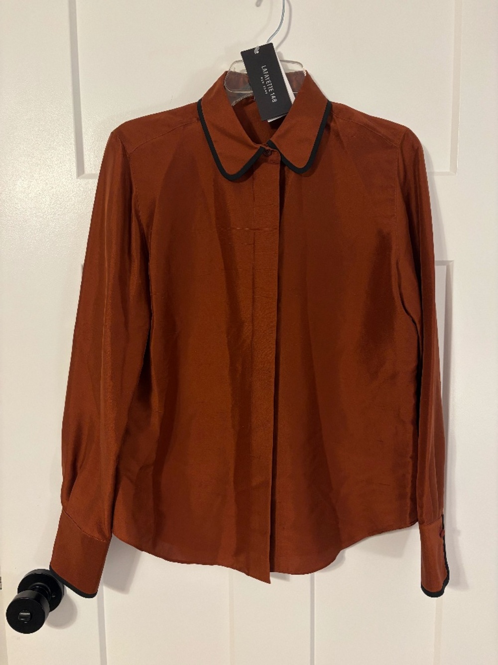 LAFAYETTE 148 New York Amber Brown w/Contrast Black Trim 100% Silk Blouse SM NWT